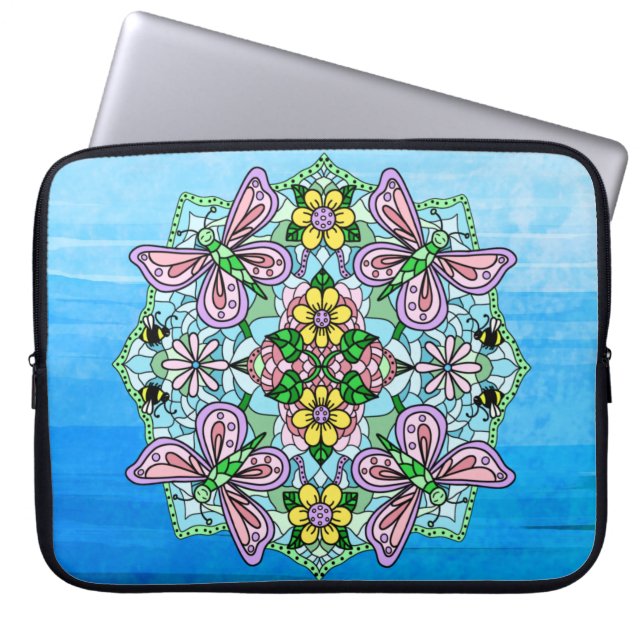Roze en lichte blauwe hand getekend Mandala Laptop Sleeve (Voorkant)