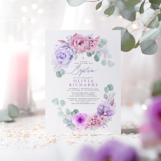 Roze en lichte paarse bloemen Eucalyptus Baptisme Kaart
