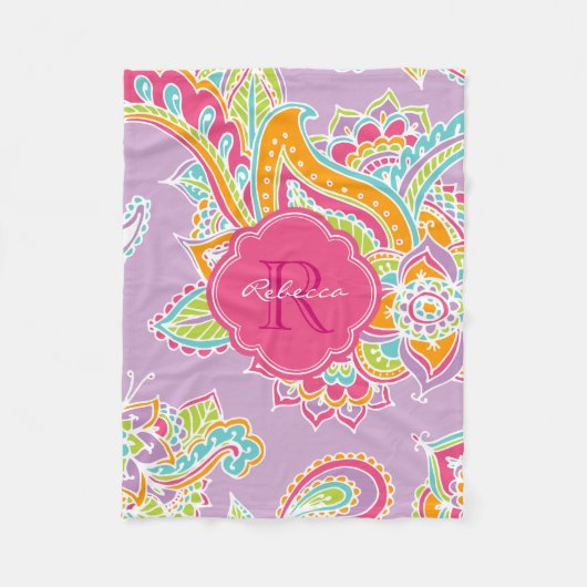 Roze en Lila Boho Paisley Monogrammed Fleece Deken (Voorkant)