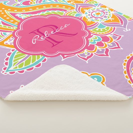 Roze en Lila Boho Paisley Monogrammed Sherpa Deken (3/4)