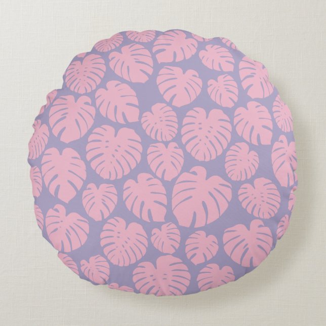 Roze en lila Monstera-bladeren Rond Kussen (Voorkant)