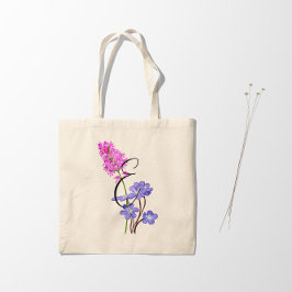 Roze en lila wilde bloemen met initiaal 1 zijde tote bag