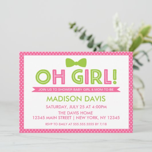 Roze en Lime Green Polka Dot Oh Girl Baby shower Kaart (Staand voorkant)