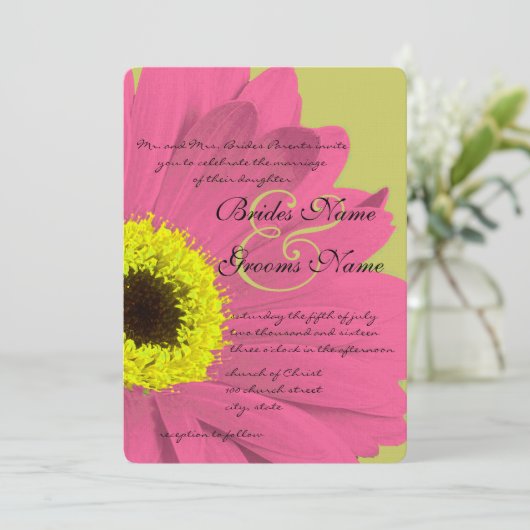 Roze en Limoen Gerber Daisy Wedding Invitation Kaart (Staand voorkant)