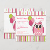 Roze en Limoen Girly Owl Birthday Party Invitation Kaart (Voorkant / Achterkant)