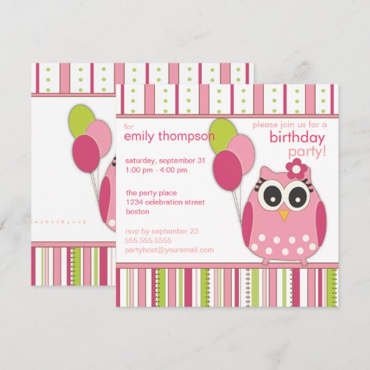 Roze en Limoen Girly Owl Birthday Party Invitation Kaart (Voorkant / Achterkant)