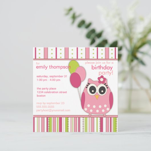 Roze en Limoen Girly Owl Birthday Party Invitation Kaart (Staand voorkant)