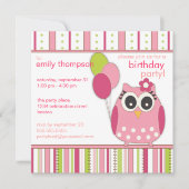 Roze en Limoen Girly Owl Birthday Party Invitation Kaart (Voorkant)
