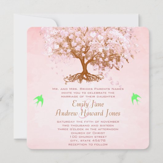 Roze en Limoen Heart Leaf Tree Wedding Invitations Kaart (Voorkant)