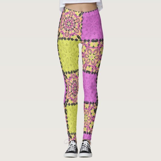 Roze en limoen, luciferwerk leggings (Voorkant)
