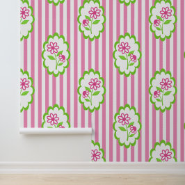 Roze en limoengroene bloemrijke frame cabana stree behang