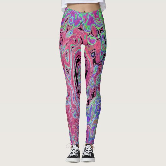Roze en limoengroene groovy abstracte retro draaik leggings (Voorkant)