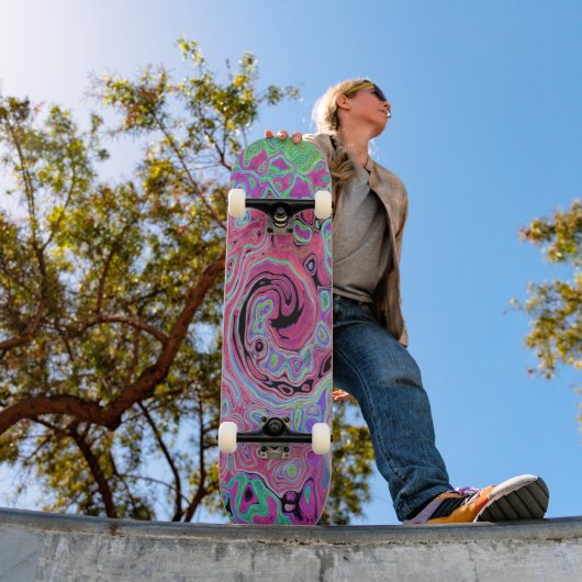 Roze en limoengroene groovy abstracte retro draaik persoonlijk skateboard (Buiten 1)