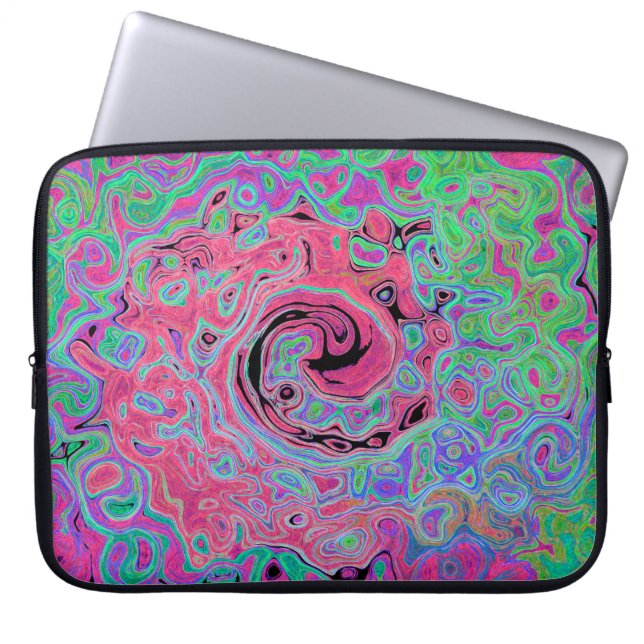 Roze en limoengroene groovy abstracte retro spiraa laptop sleeve (Voorkant)