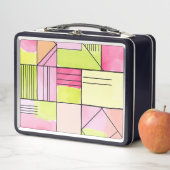 Roze en limoengroene patchwork abstract (In situ)