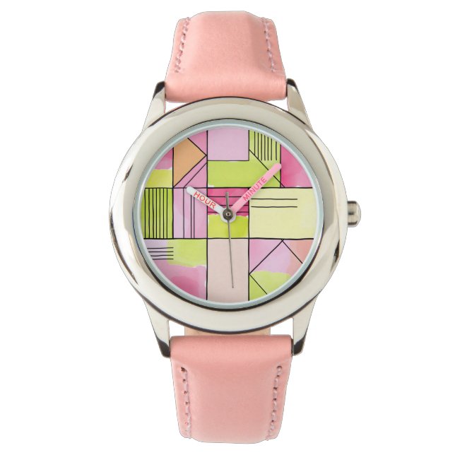 Roze en limoengroene patchwork abstract horloge (Voorkant)