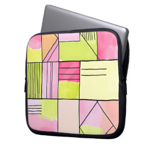 Roze en limoengroene patchwork abstract laptop sleeve