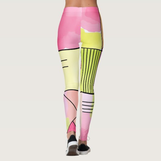Roze en limoengroene patchwork abstract leggings (Achterkant)