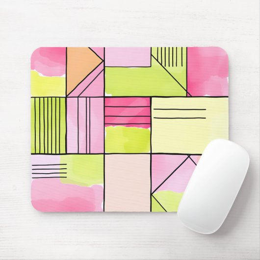 Roze en limoengroene patchwork abstract muismat (Met muis)
