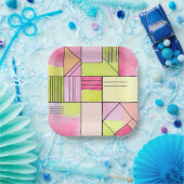 Roze en limoengroene patchwork abstract papieren bordje (Feest)
