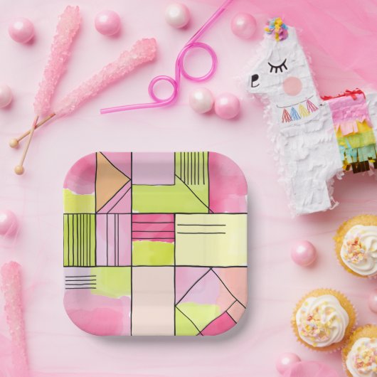 Roze en limoengroene patchwork abstract papieren bordje (Feest)