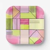 Roze en limoengroene patchwork abstract papieren bordje (Voorkant)