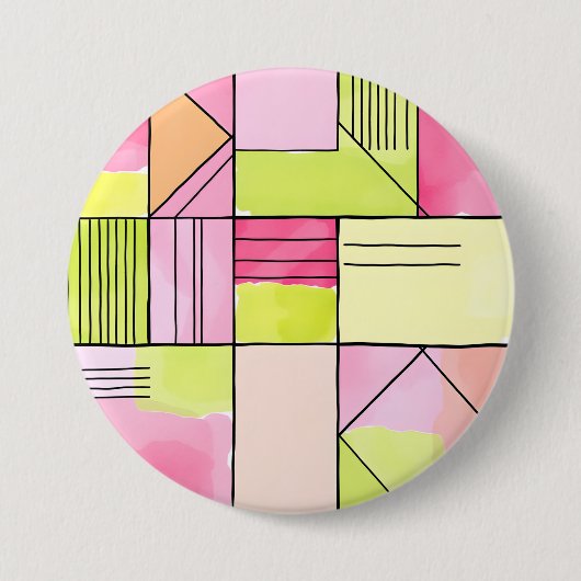 Roze en limoengroene patchwork abstract ronde button 7,6 cm (Voorkant)