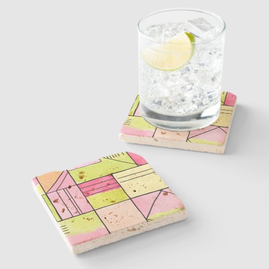 Roze en limoengroene patchwork abstract stenen onderzetter (Zijkant)