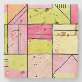 Roze en limoengroene patchwork abstract stenen onderzetter (Voorkant)