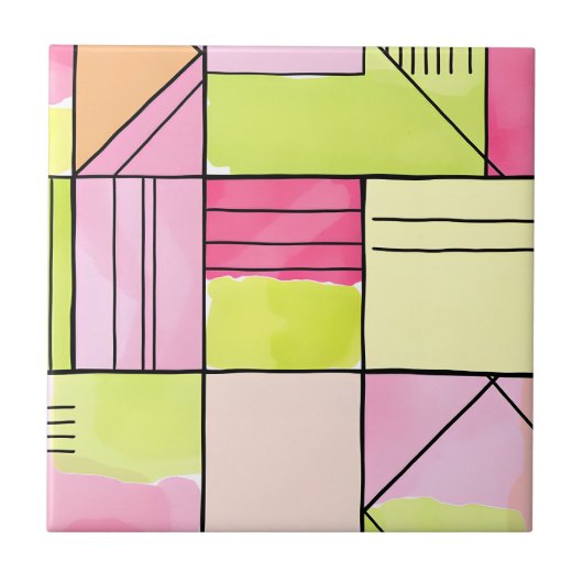 Roze en limoengroene patchwork abstract tegeltje (Voorkant)