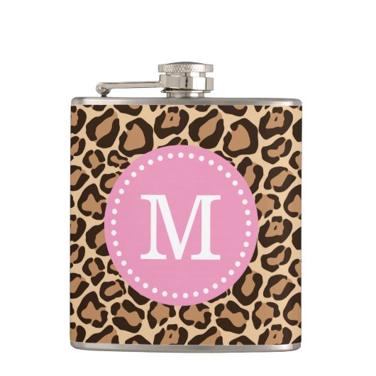 Roze en luipaard Afdrukken Aangepast monogram Heupfles (Voorkant)