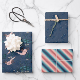 Roze en Marine Blauw Mexicaanse Axolotl Inpakpapier Vel