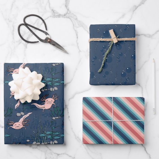 Roze en Marine Blauw Mexicaanse Axolotl Inpakpapier Vel (Voorkant)
