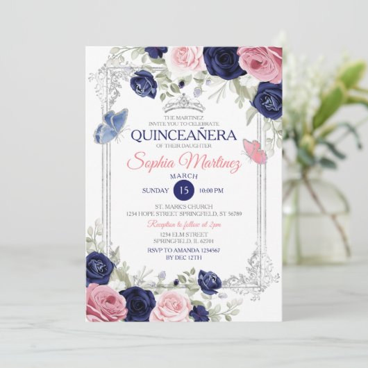 Roze en marine blauwe bloemenvlinder Quinceañera Kaart (Staand voorkant)