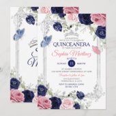 Roze en marine blauwe bloemenvlinder Quinceañera Kaart (Voorkant / Achterkant)