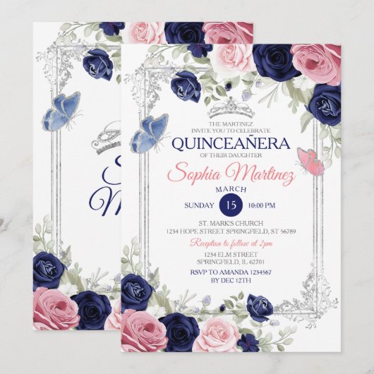 Roze en marine blauwe bloemenvlinder Quinceañera Kaart (Voorkant / Achterkant)