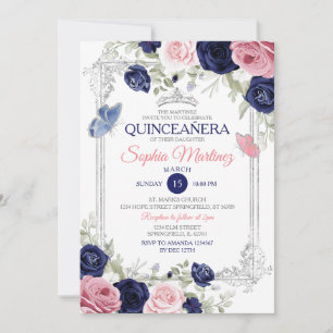 Roze en marine blauwe bloemenvlinder Quinceañera Kaart