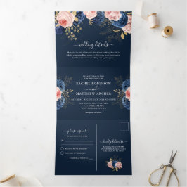 Roze en marine florals elegante trouwfeest drieluik uitnodiging