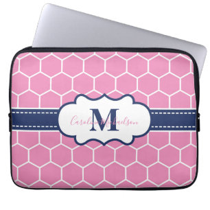 Roze en Marine Monogram Geometrisch Patroon Laptop Sleeve