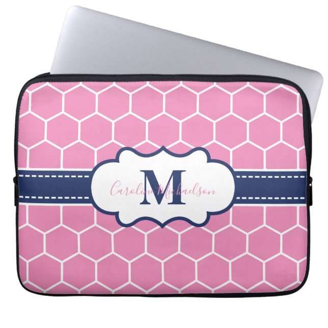 Roze en Marine Monogram Geometrisch Patroon Laptop Sleeve (Voorkant)