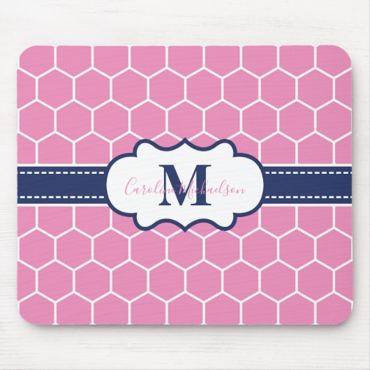 Roze en Marine Monogram Geometrisch Patroon Muismat (Voorkant)