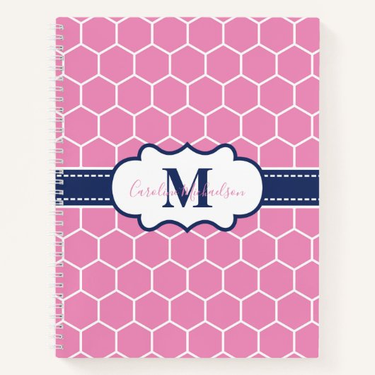 Roze en Marine Monogram Geometrisch Patroon Notitieboek (Voorkant)