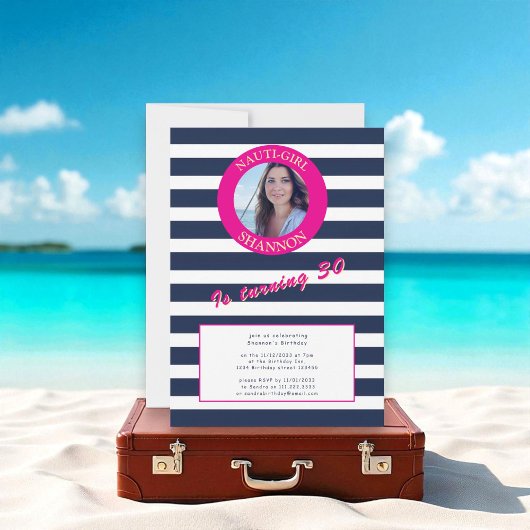 Roze en Marine Nautische Stripes Verjaardagsfeest Kaart