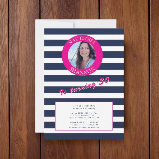 Roze en Marine Nautische Stripes Verjaardagsfeest Kaart