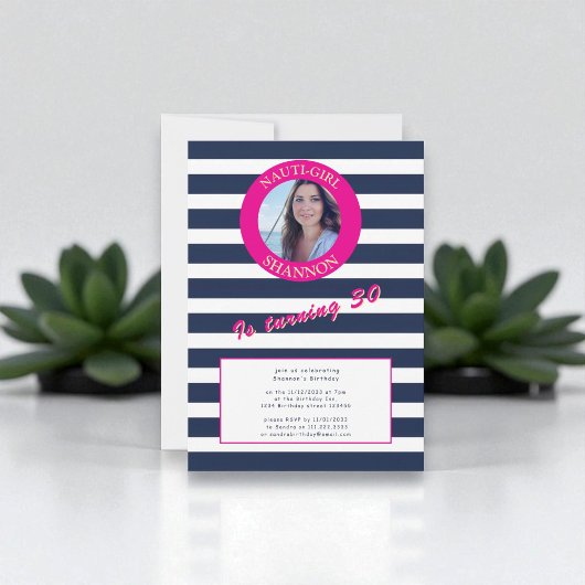 Roze en Marine Nautische Stripes Verjaardagsfeest Kaart