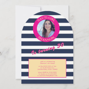 Roze en Marine Nautische Stripes Verjaardagsfeest Kaart