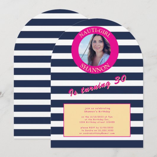 Roze en Marine Nautische Stripes Verjaardagsfeest Kaart (Voorkant / Achterkant)