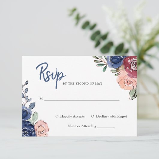 Roze en marine waterverf bloem | Trouwen Kaart (Staand voorkant)