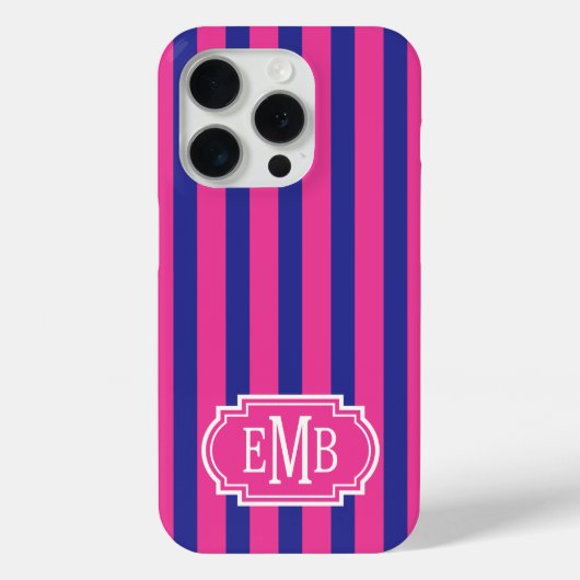 Roze en marineblauw monogram strepen Case-Mate iPhone case (Achterkant)