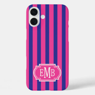 Roze en marineblauw monogram strepen iPhone 16 plus hoesje